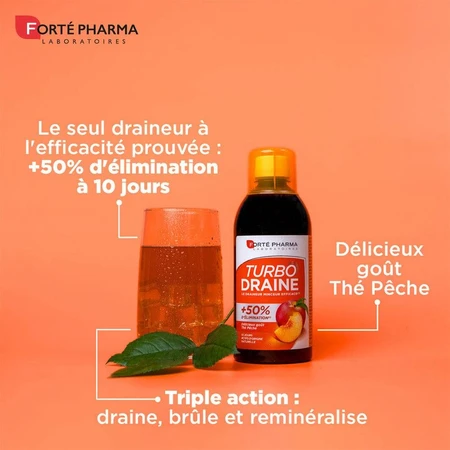 Forté Pharma TurboDraine Draineur Minceur et Elimination Goût Thé-Pêche 2x500ml