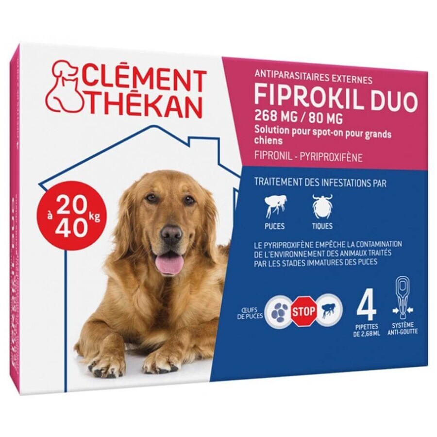Clement-Thekan Fiprokil FIprokil Duo Flea and Tick Control for Dog 20-40kg 4 Pipettes Chien 10-20kg 2.68ml x4 pipettes