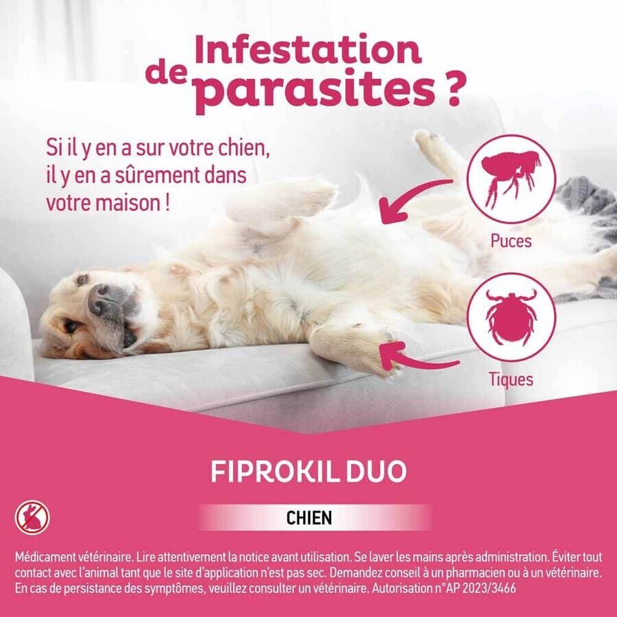 Clement-Thekan Fiprokil FIprokil Duo Flea and Tick Control for Dog 20-40kg 4 Pipettes Chien 10-20kg 2.68ml x4 pipettes