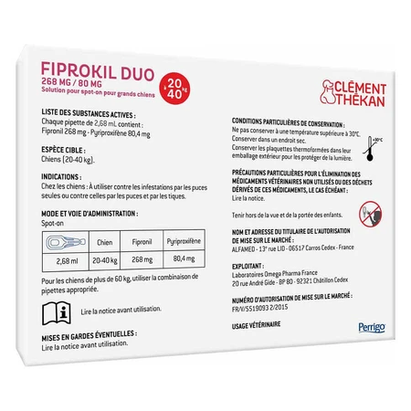 Clement-Thekan Fiprokil FIprokil Duo Floh- und Zeckenschutz für Hunde 20-40kg 4 Pipetten Chien 10-20kg 2.68ml x4 Pipetten
