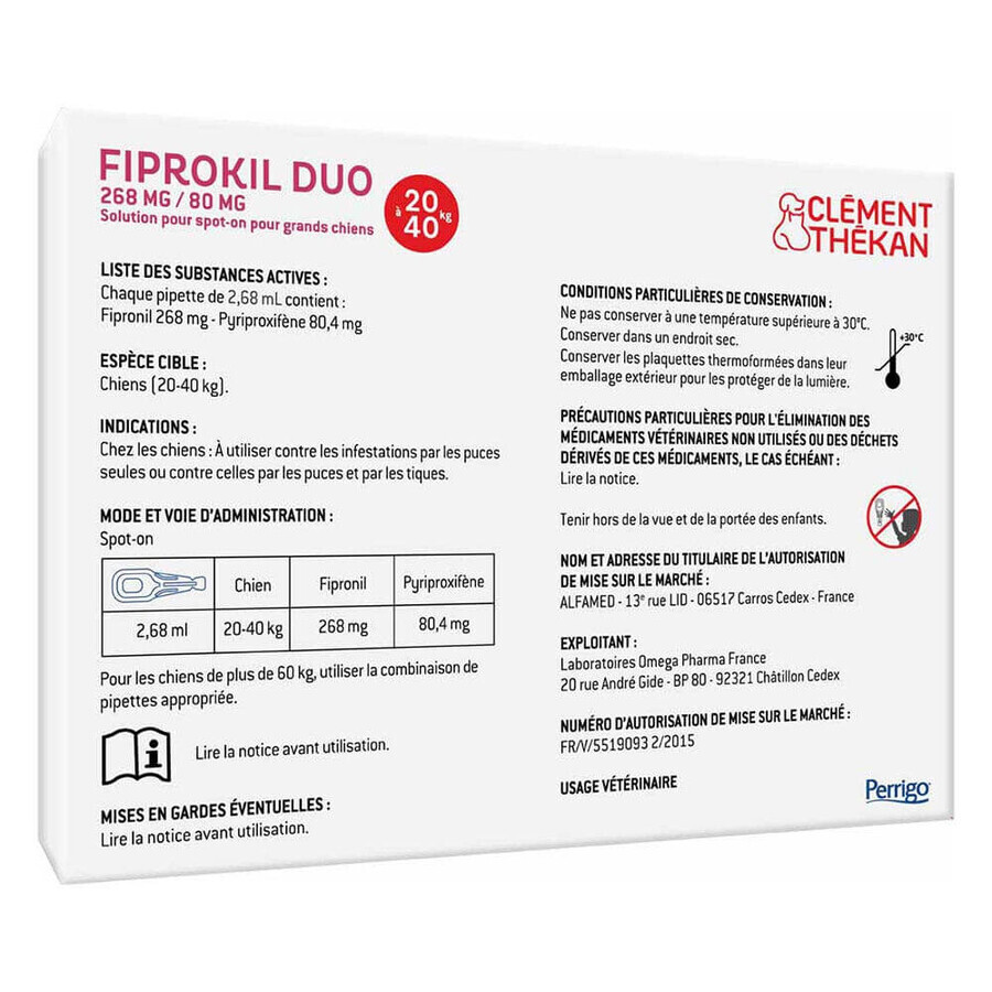 Clement-Thekan Fiprokil FIprokil Duo Flea and Tick Control for Dog 20-40kg 4 Pipettes Chien 10-20kg 2.68ml x4 pipettes