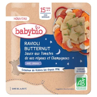 Babybio Butternuss-Ravioli mit Pilzsauce und Bio-Tomaten 15 Monate mit Stückchen 190g