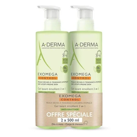 A-Derma Exomega Control Gel Lavant Emollient Corps Et Cheveux 2x500ml