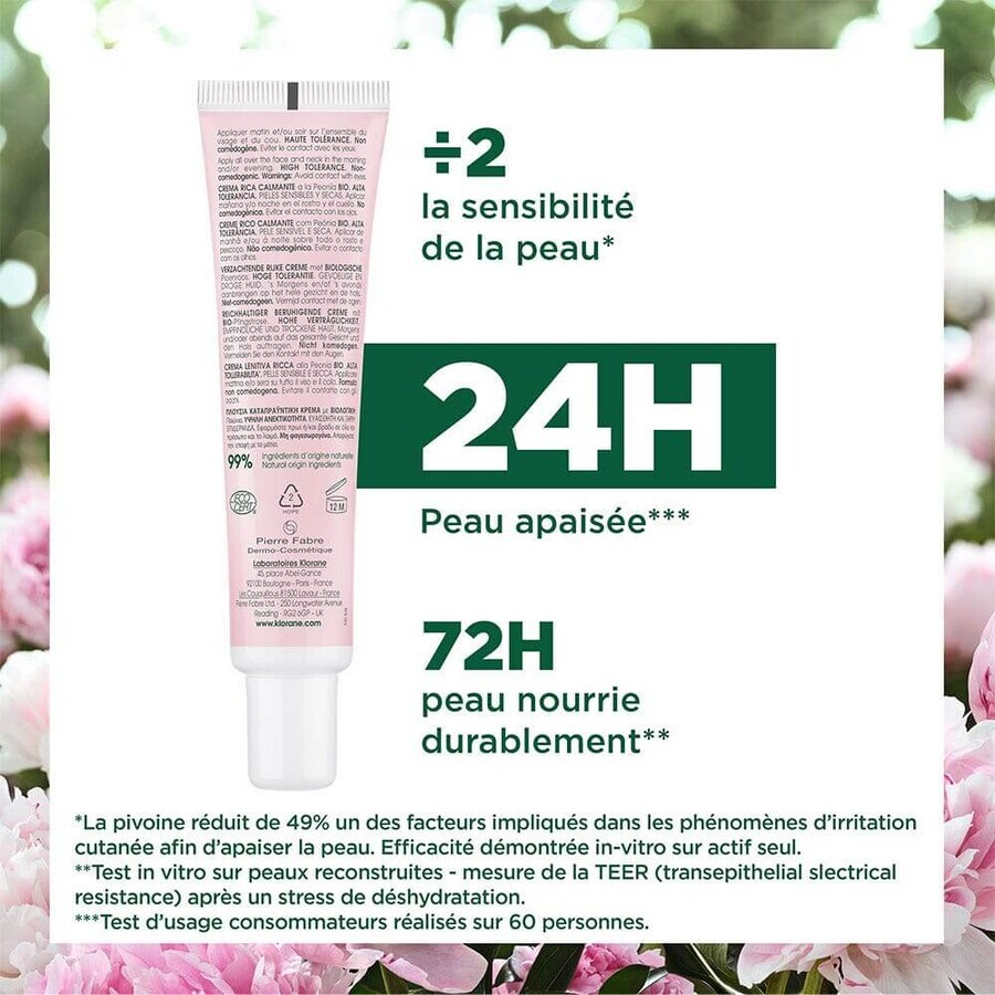 Klorane Peony Rich and soothing organic cream for sensitive and dry skin 40 ml