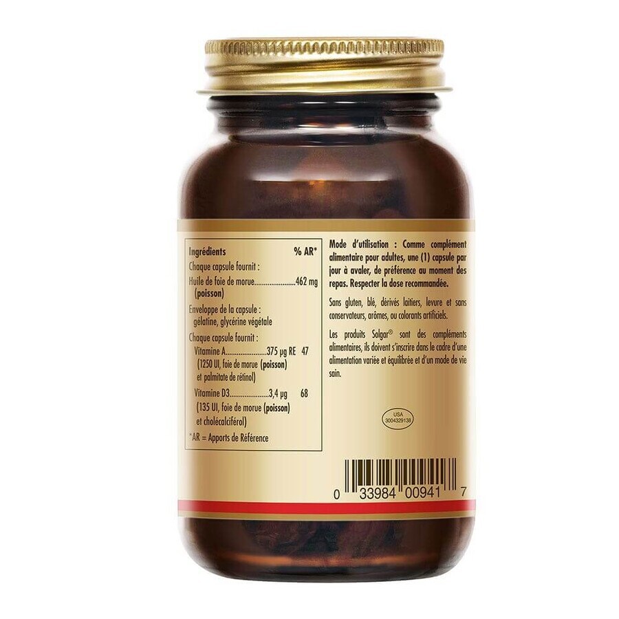 Solgar Huile De Foie De Morue Vitamines A et D Vitalité 100 Softgels