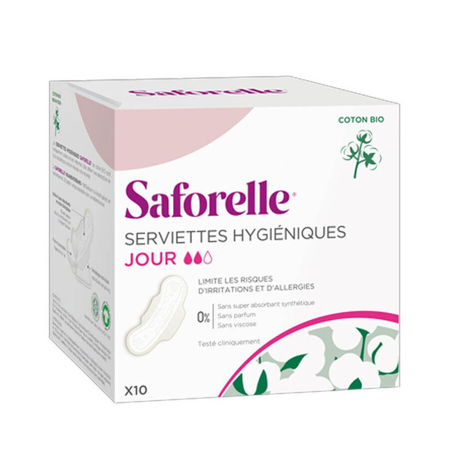 Saforelle Serviettes hygiéniques jour avec ailettes coton bio x10