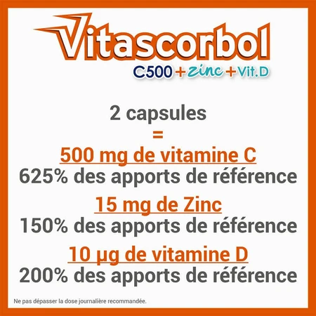 Vitascorbol Vitamine C500mg + Zink + Vitamine D 30 Capsules