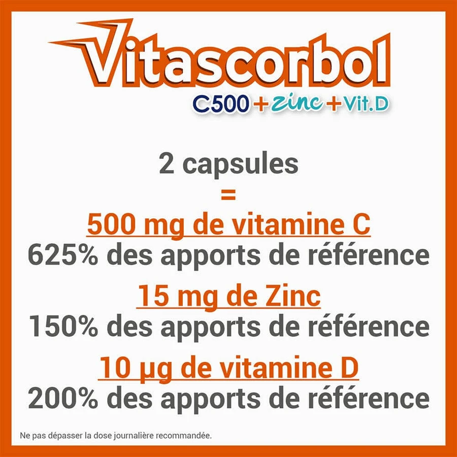 Vitascorbol Vitamine C500mg + Zink + Vitamine D 30 Capsules