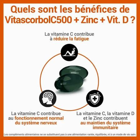 Vitascorbol Vitamine C500mg + Zink + Vitamine D 30 Capsules