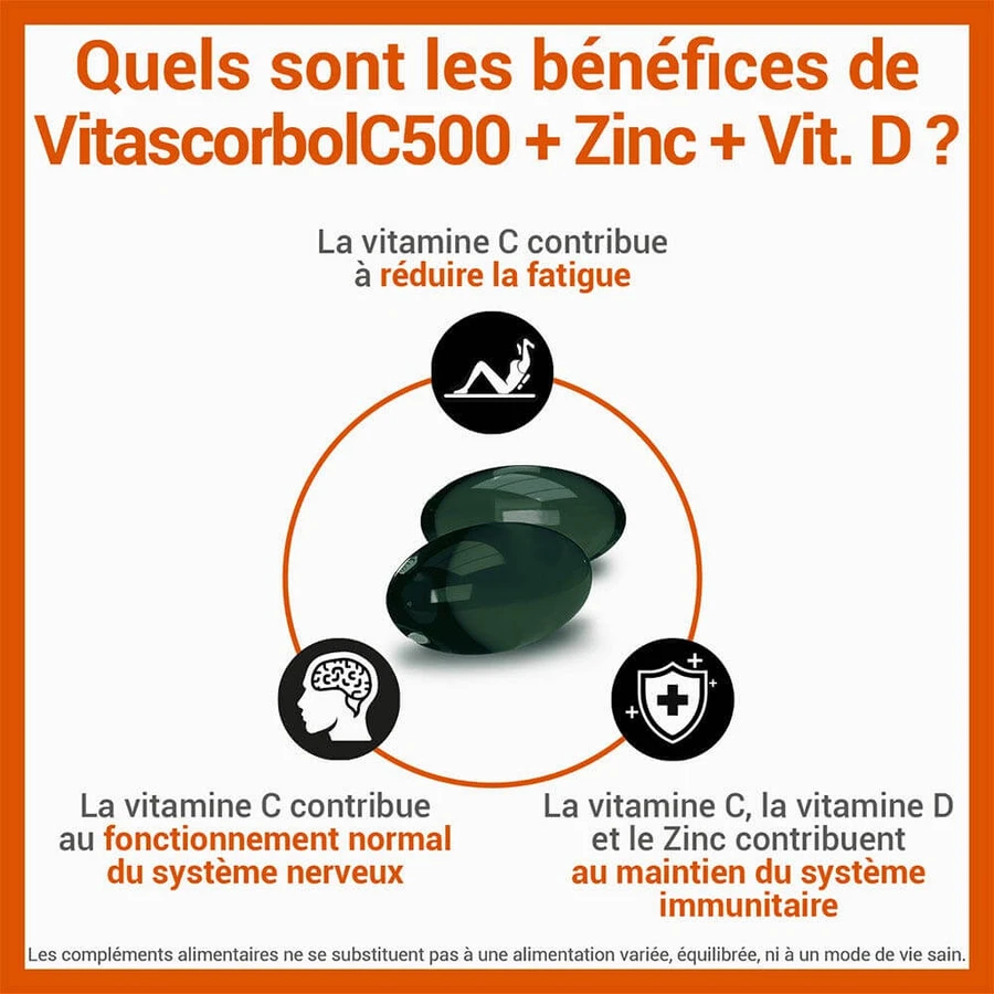 Vitascorbol Vitamine C500mg + Zink + Vitamine D 30 Capsules