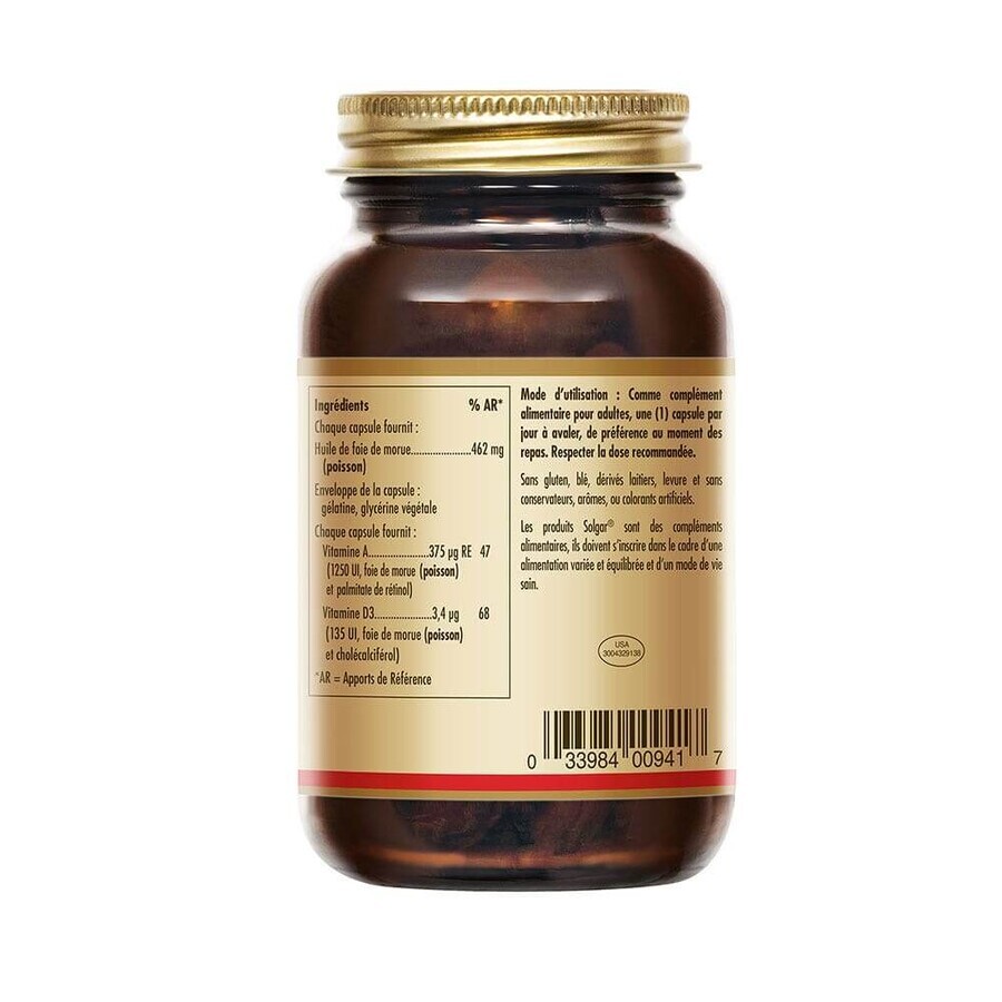 Solgar Huile De Foie De Morue Vitamines A et D Vitalité 250 Gélules Solgar Huile De Foie De Morue Vitamines A et D Vitalité 250 Gélules