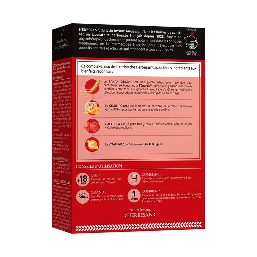 Herbesan Panax Ginseng Booster D'Énergie 20 Ampoules