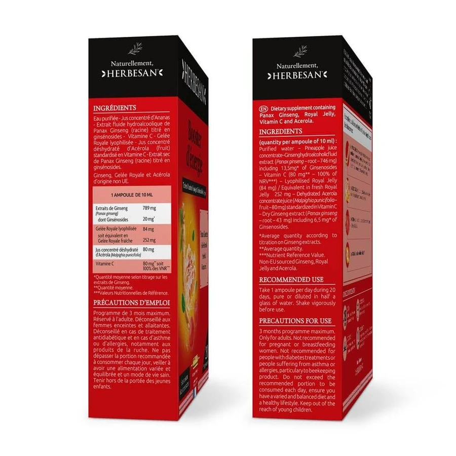 Herbesan Panax Ginseng Booster D'Énergie 20 Ampoules