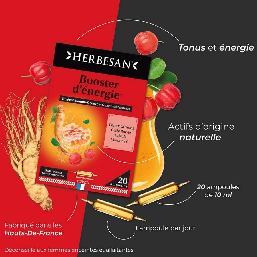 Herbesan Panax Ginseng Booster D'Énergie 20 Ampoules