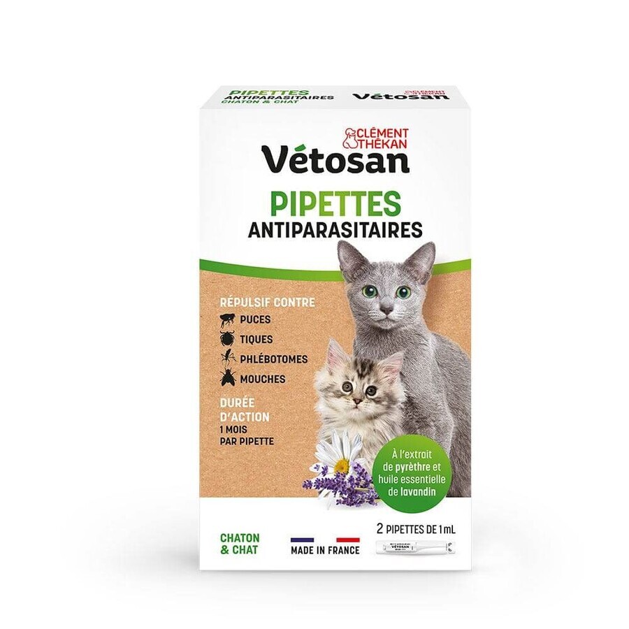 Clement-Thekan Vétosan Répulsif contre les puces et les tiques pour chats et chatons 2 pipettes