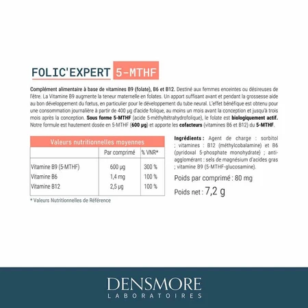 Densmore Folic'expert Acide Folique (5-MTHF) Préconception et grossesse 90 comprimés