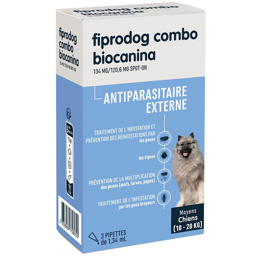 Biocanine Solución Antiparasitaria Externa Spot-On para perros medianos de 10 a 20 kg combo fiprodog 3 pipetas