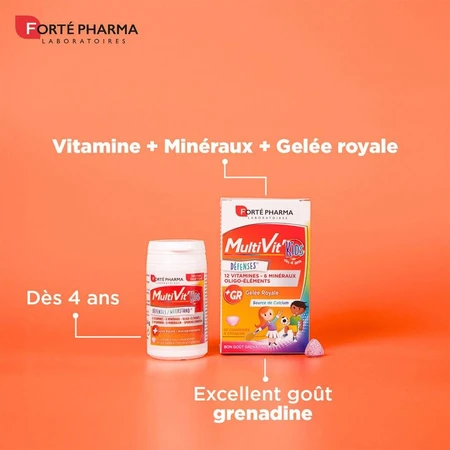 Forté Pharma MultiVit'4G Multivitaminas para niños Vitaminas minerales enriquecidas con calcio 30 comprimidos masticables