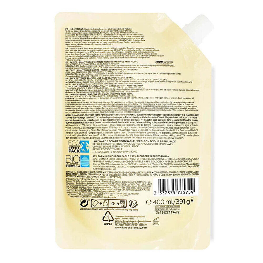 La Roche-Posay Lipikar Cleansing Oil Relipidating Atopic Skin AP+ Eco-Refill 400ml
