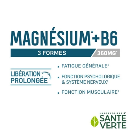 Sante Verte Magnesium +B6 3 vormen 360mg Duurzame afgifte 60 deelbare tabletten
