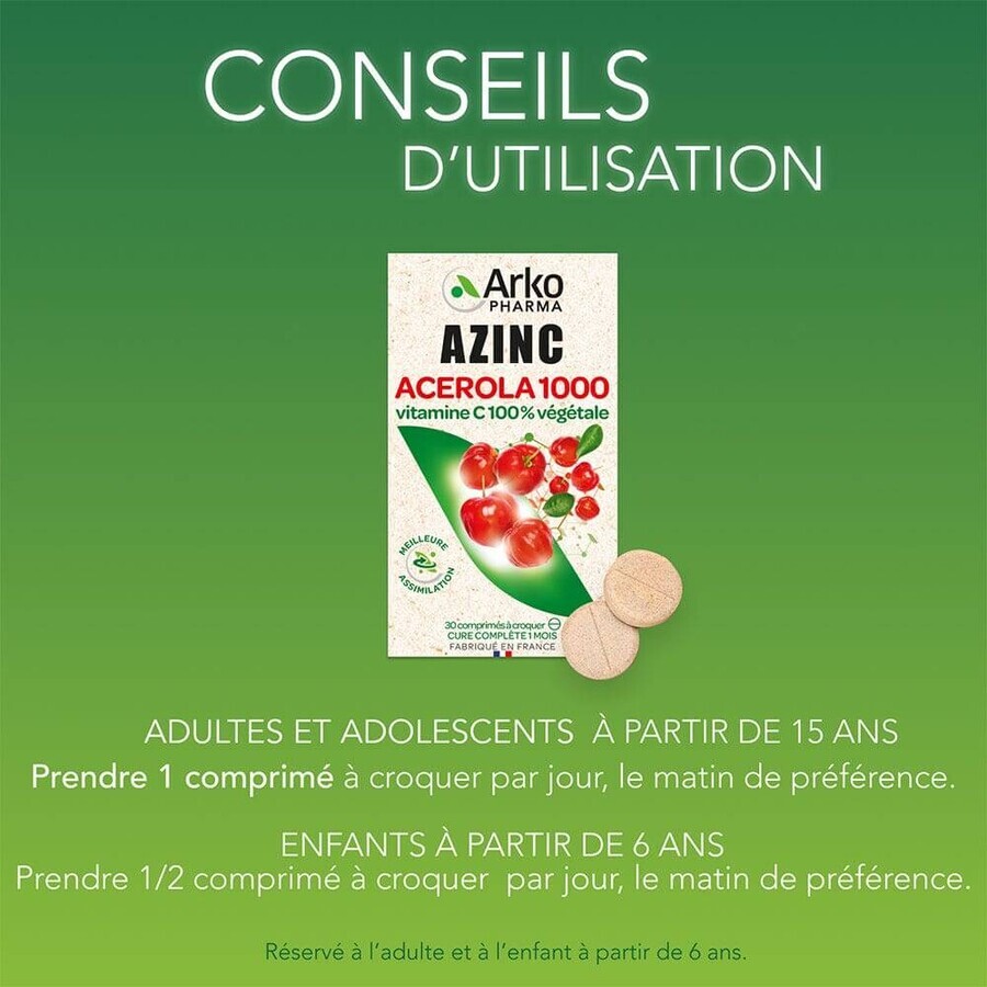 Arkopharma Azinc Acerola 1000 Vitamina C naturală 30 tablete masticabile