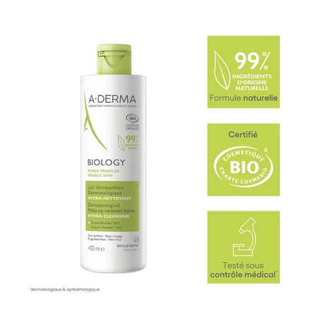 A-Derma Biology Lait démaquillant dermatologique hydra nettoyant Bio 400ml