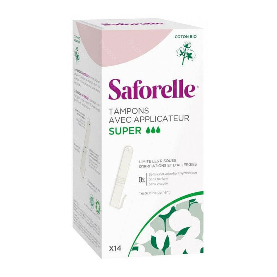 Saforelle Super absorbentes con aplicador de algodón orgánico x14