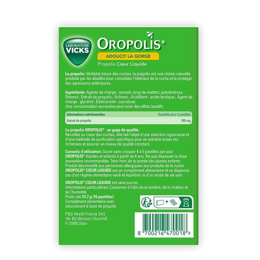 Vicks Oropolis Propolis Coeur Liquide Gout Miel 16 pastilles
