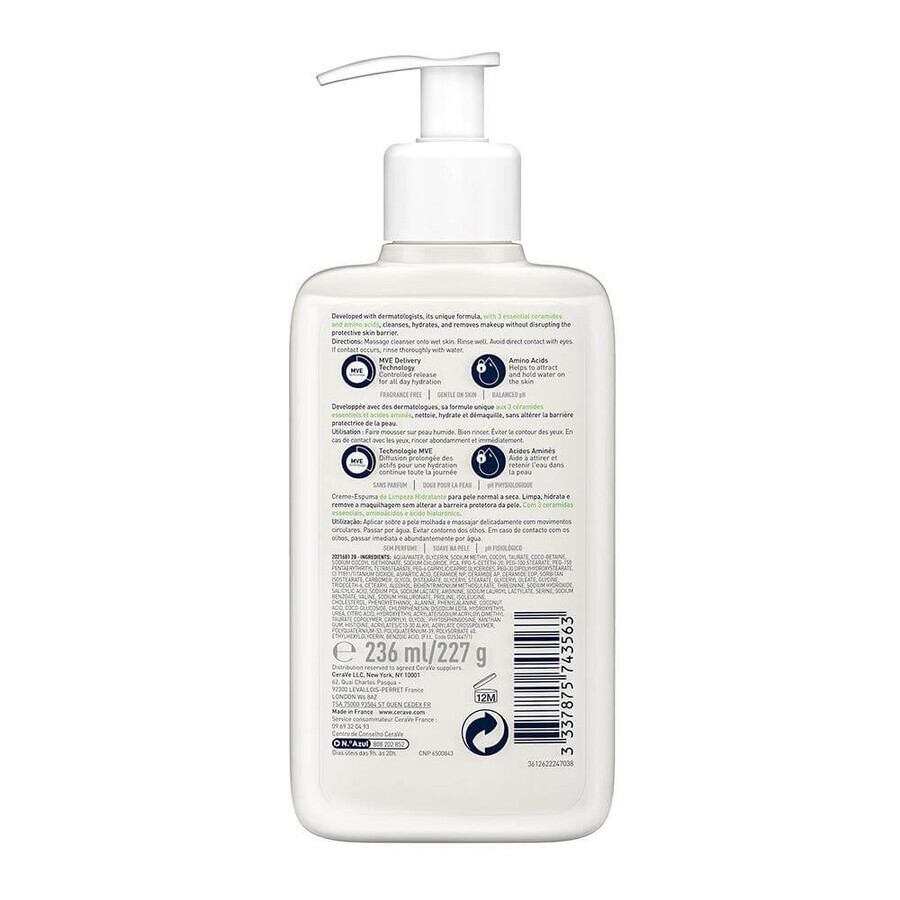 Cerave Cleanse Visage Creme Moussante Nettoyante Hydratante Peaux Normales à Sèches 236ml