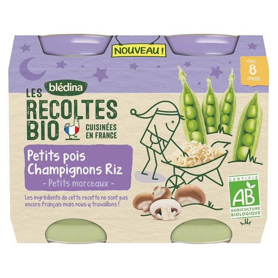 Blédina Plat Bébé Nuit Petit Pois Champignons Riz Bio 2x200g Les Recoltes Bio Dès 8 mois Bledina