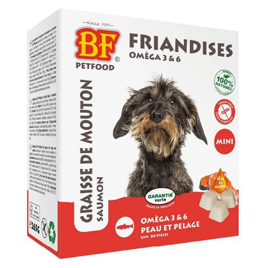 Biofood Friandises Oméga 3 et 6 Bonbon Chien Peaux et Pelages Graisse de Mouton Saumon 80 Pièces