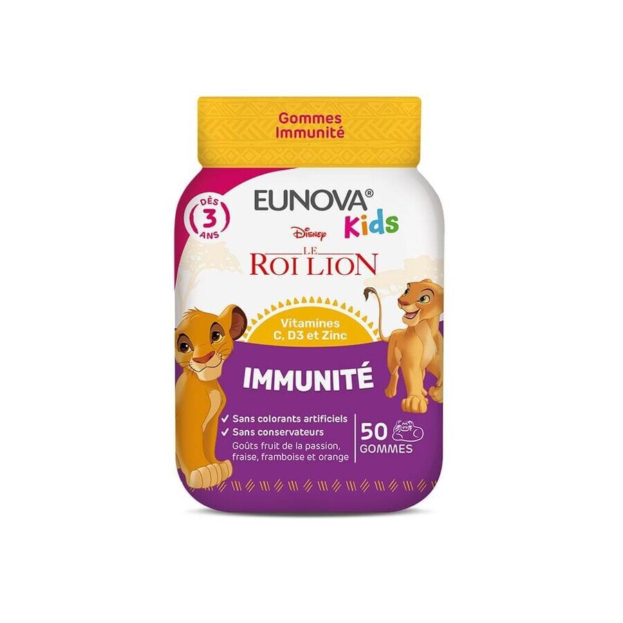 Eunova Kids Gommes Immunité Le Roi Lion Goûts Fruit De La Passion, Fraise, Framboise Et Orange 50 gummies