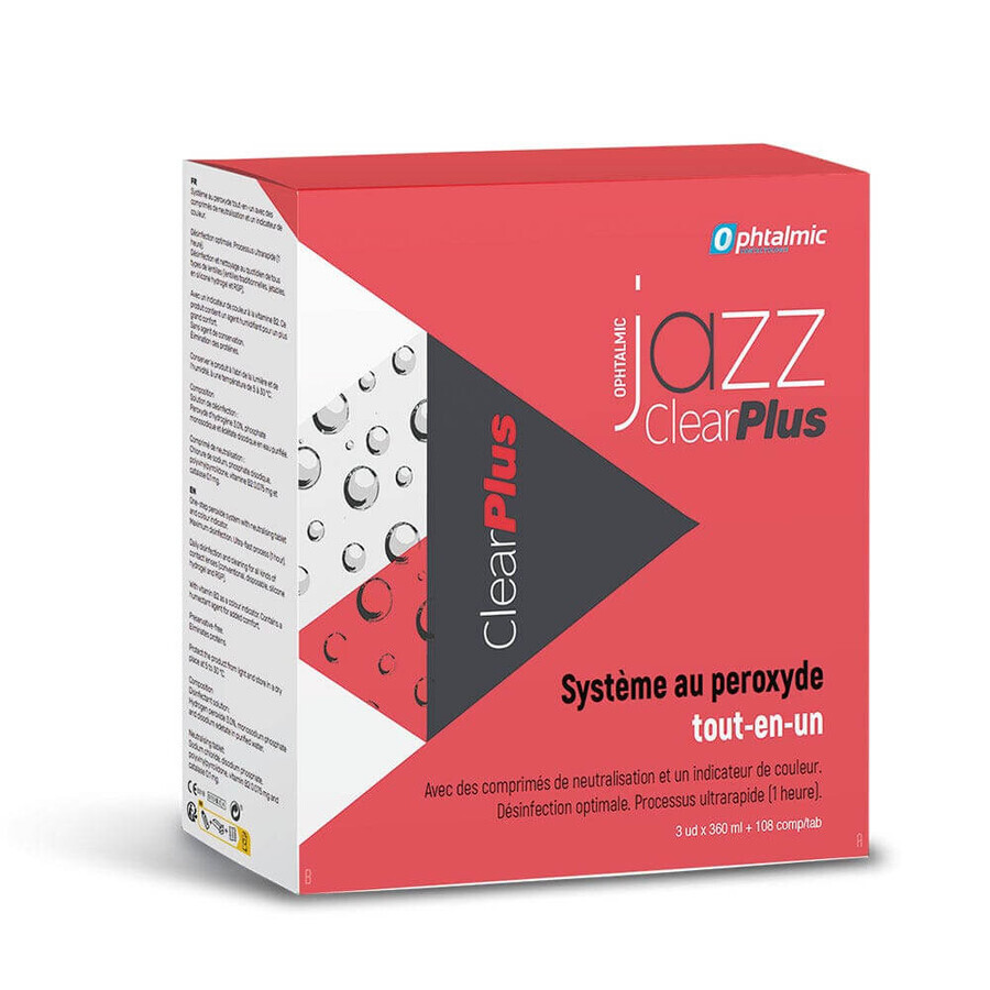 Ophtalmic ClearPlus Jazz soluzione ossidante per lenti morbide e rigide 3x360ml + 108 compresse