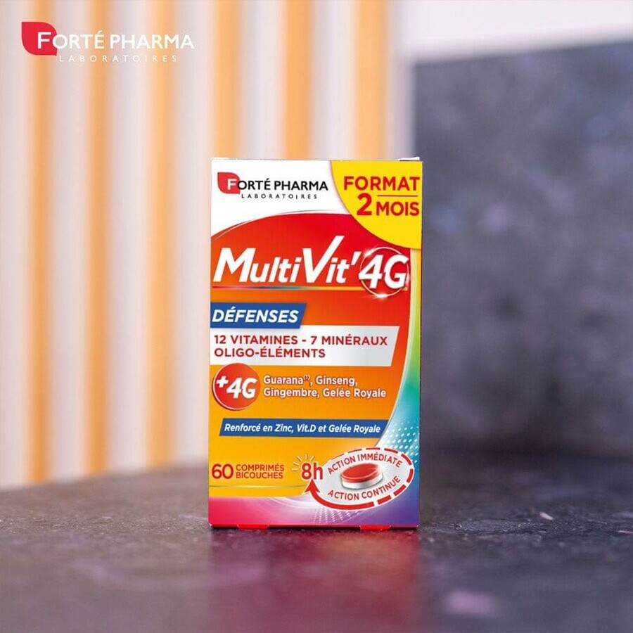 Forté Pharma MultiVit'4G Multivitamine Afweerstoffen met Zink en Vitamine D 60 Tabletten