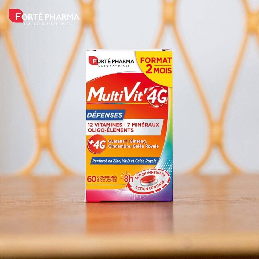 Forté Pharma MultiVit'4G Multivitamine Afweerstoffen met Zink en Vitamine D 60 Tabletten