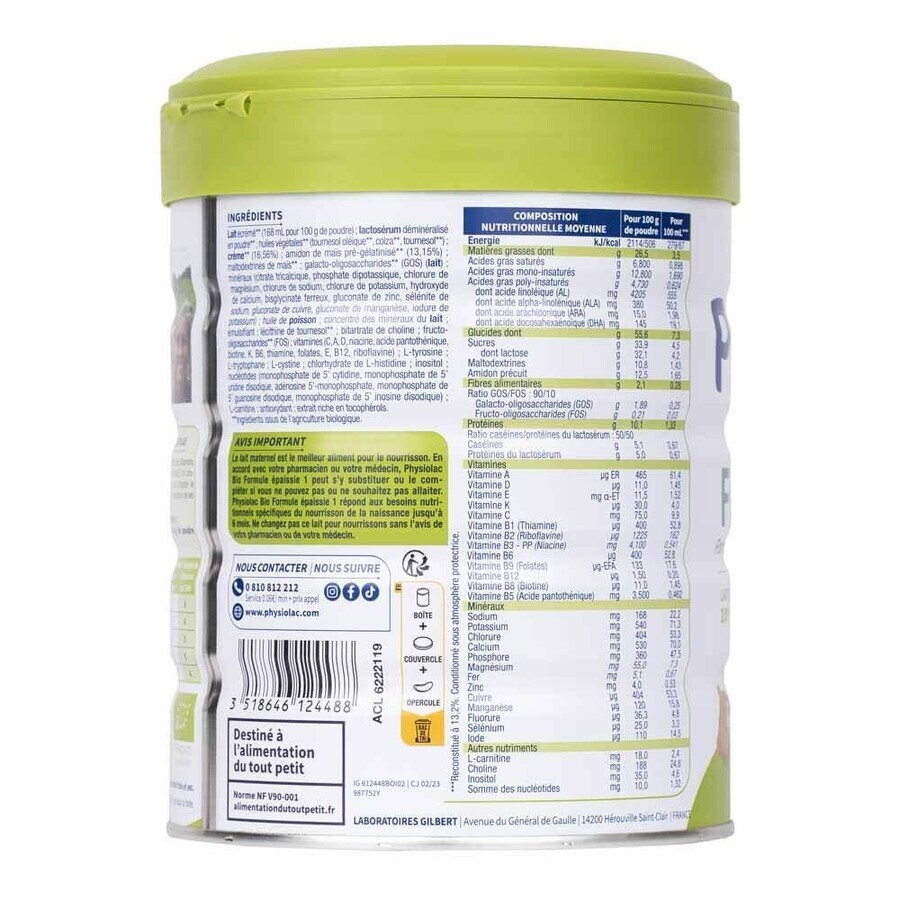 Physiolac Lait en poudre 1 Formule Epaisse Bio De 0 A 6 Mois 800g