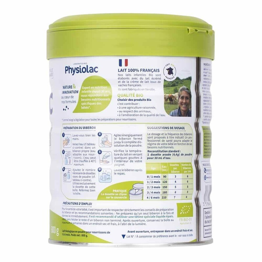 Physiolac Lait en poudre 1 Formule Epaisse Bio De 0 A 6 Mois 800g