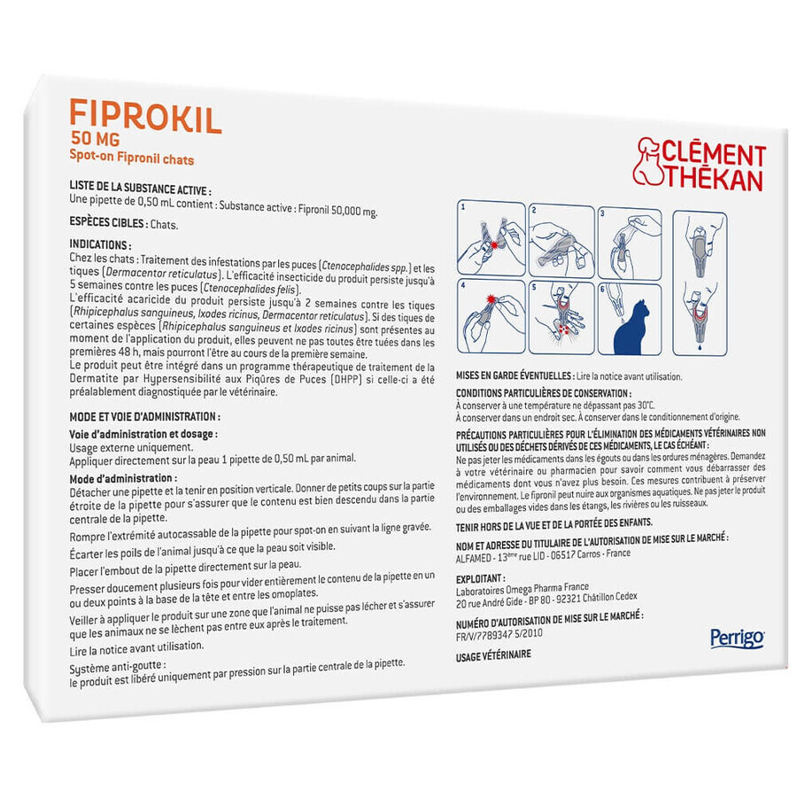 Clement-Thekan FIprokil Anti-Puces Anti-Tiques Chats 1kg et + 4 Pipettes 50mg