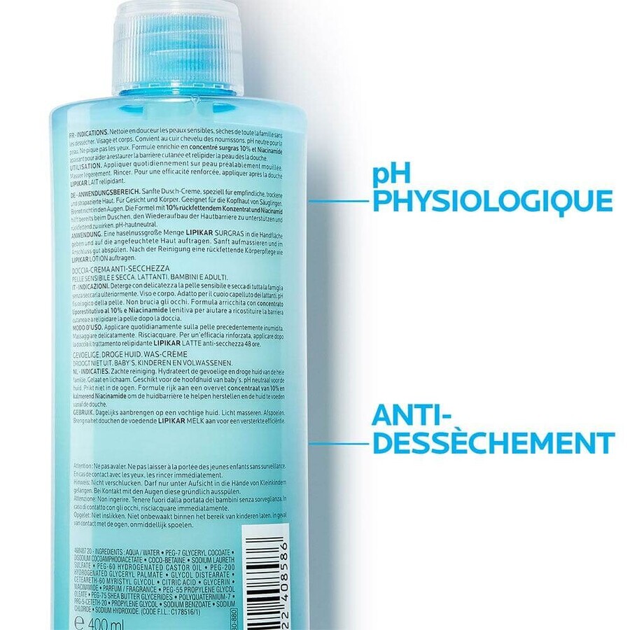 La Roche-Posay Lipikar Crème lavante douche Surgras bébé à l'adulte Peaux sèches 400ml La Roche-Posay Lipikar Crème lavante douche Surgras bébé à l'adulte Peaux sèches 400ml