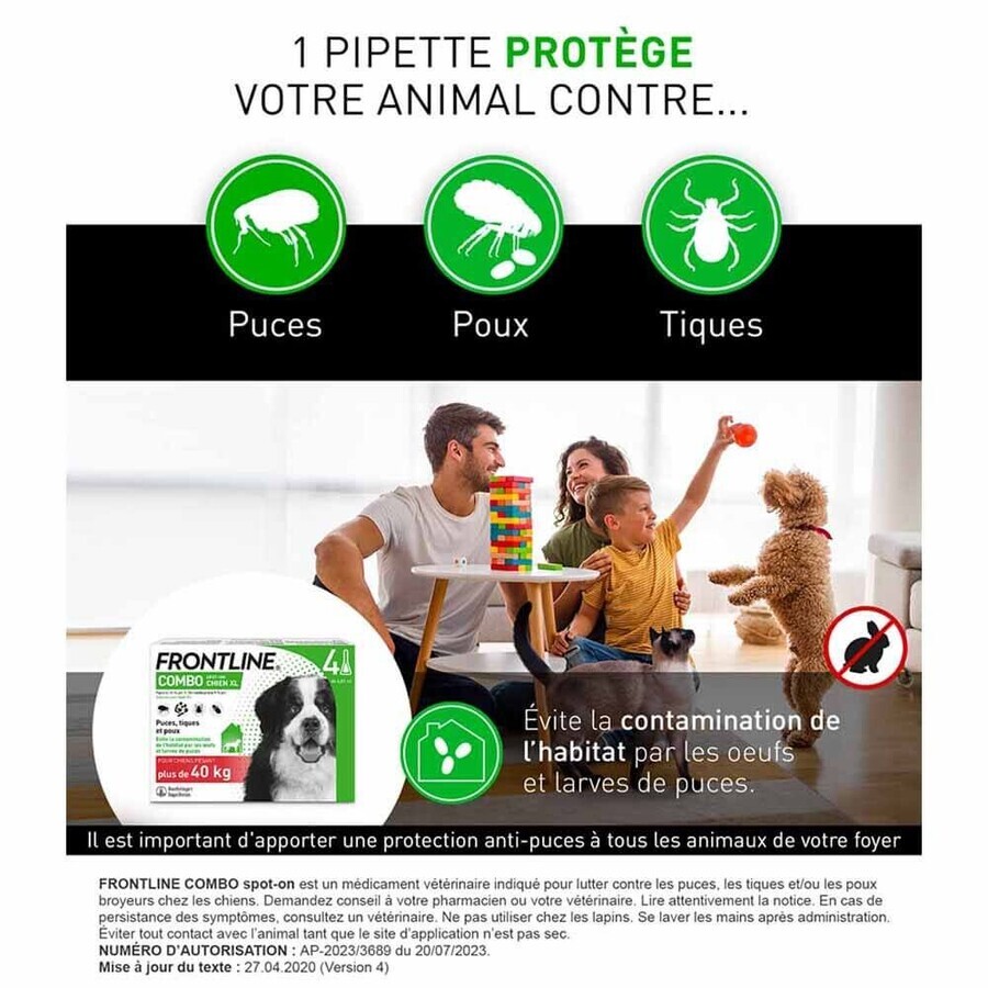 Frontline Combo Spot-on Chien XL Plus de 40kg 3 Pipettes de 4,02ml