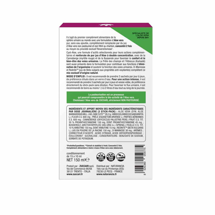 Naturancia [aloevera]2 Zuccari Cisti Aloe Flash & Cure Comfort urinario x15 bastoncini