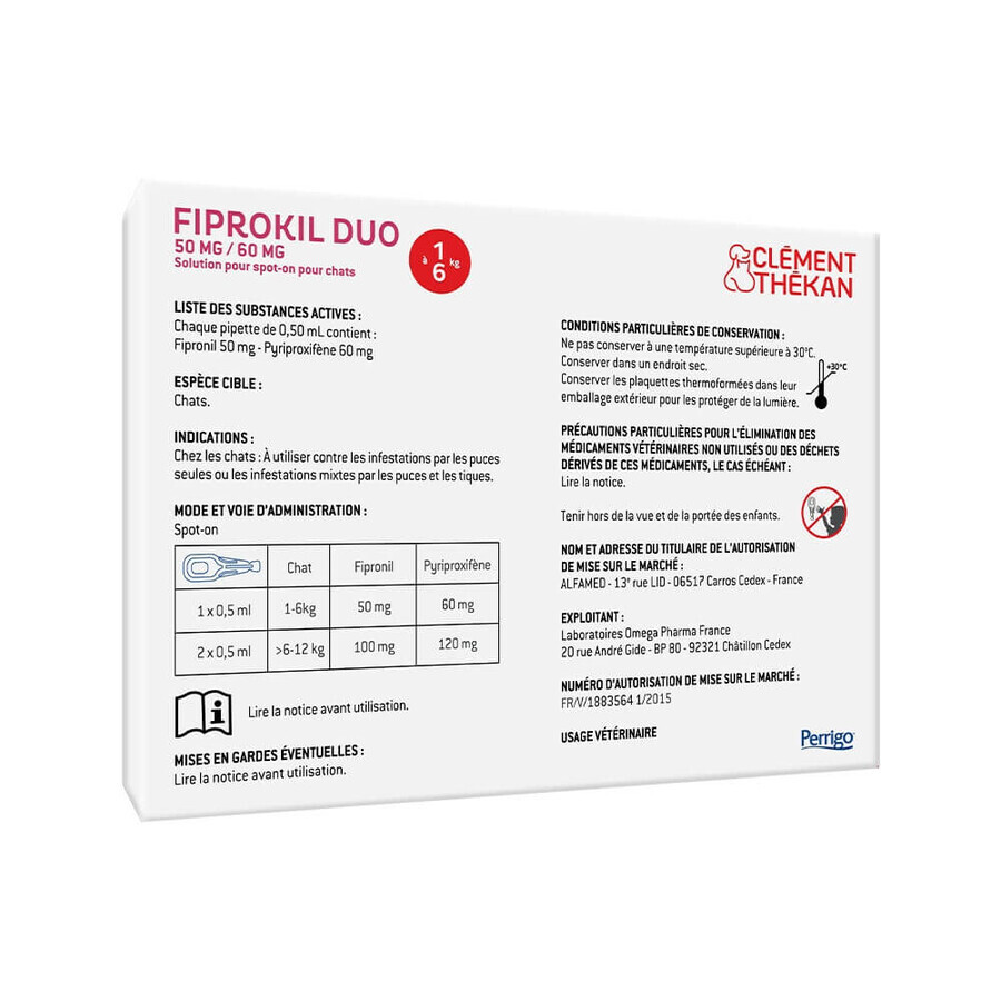 Clement-Thekan Fiprokil Duo antipulci e antizecche per gatti 1–6 kg 0.5 ml x 4 pipette