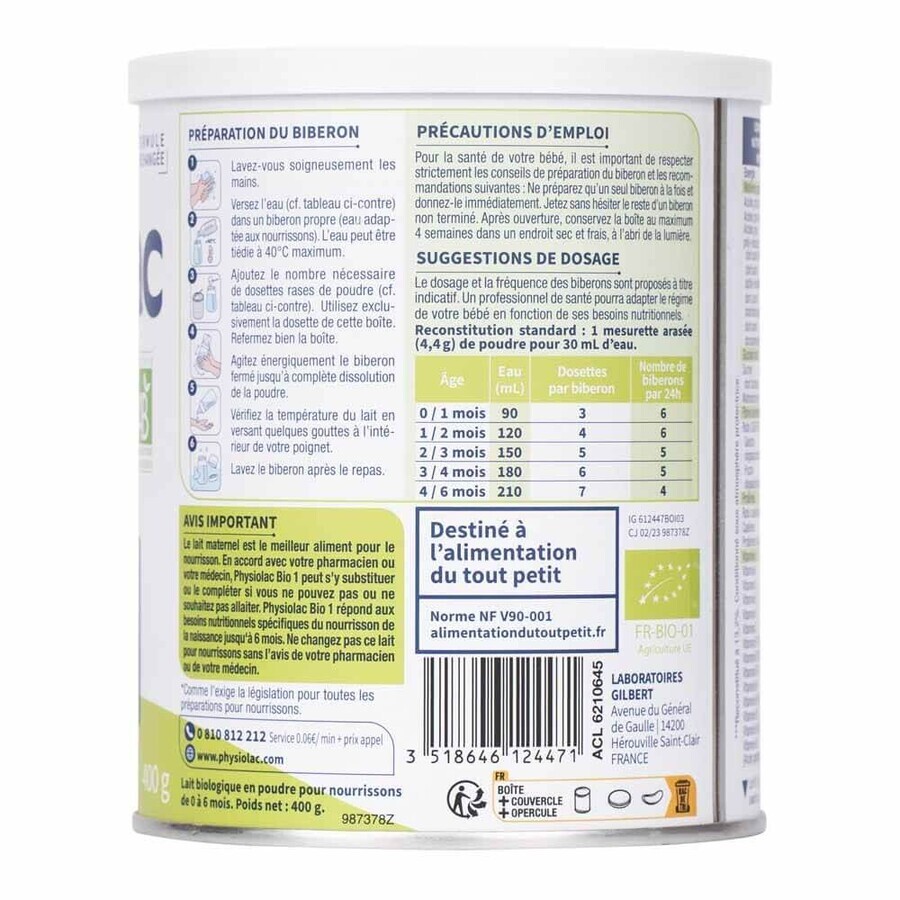 Physiolac Leche en Polvo Ecológica De 0 a 6 Meses 400g