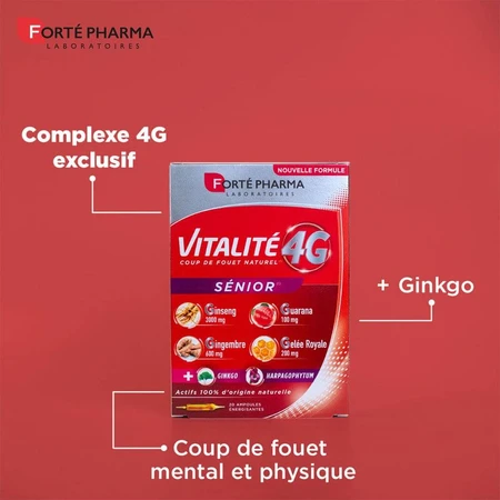 Forté Pharma Vitalité 4G Dynamisant Naturel Sénior au Ginseng Gingembre et Ginkgo 20 ampoules