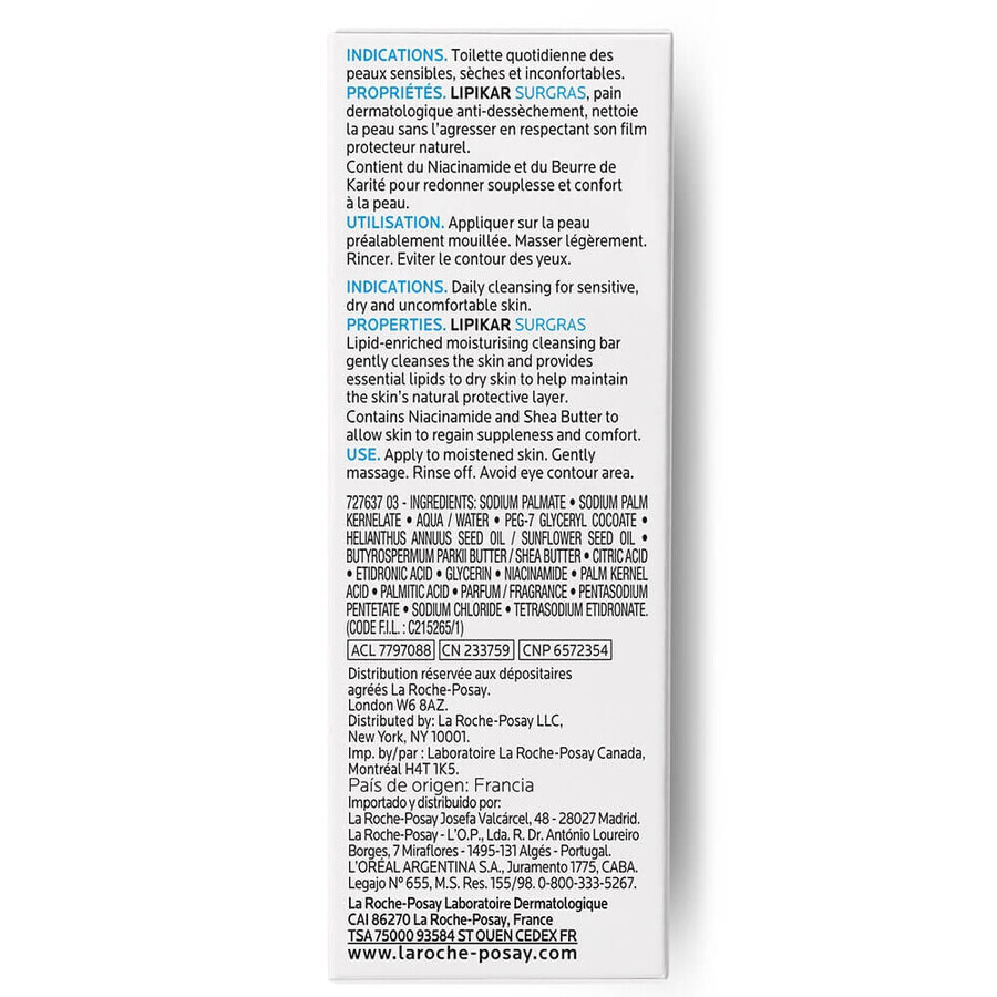 La Roche-Posay Lipikar Surgras lipideherstellend reinigingsbrood voor de gevoelige huid 150g La Roche-Posay Lipikar Surgras lipideherstellend reinigingsbrood voor de gevoelige huid 150g