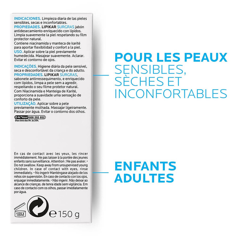 La Roche-Posay Lipikar Surgras lipideherstellend reinigingsbrood voor de gevoelige huid 150g La Roche-Posay Lipikar Surgras lipideherstellend reinigingsbrood voor de gevoelige huid 150g
