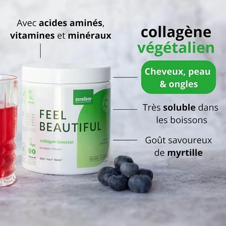Purasana Collagène Complexe Feel Beautiful Poudre Beauté Vegan Saveur Myrtille 240g