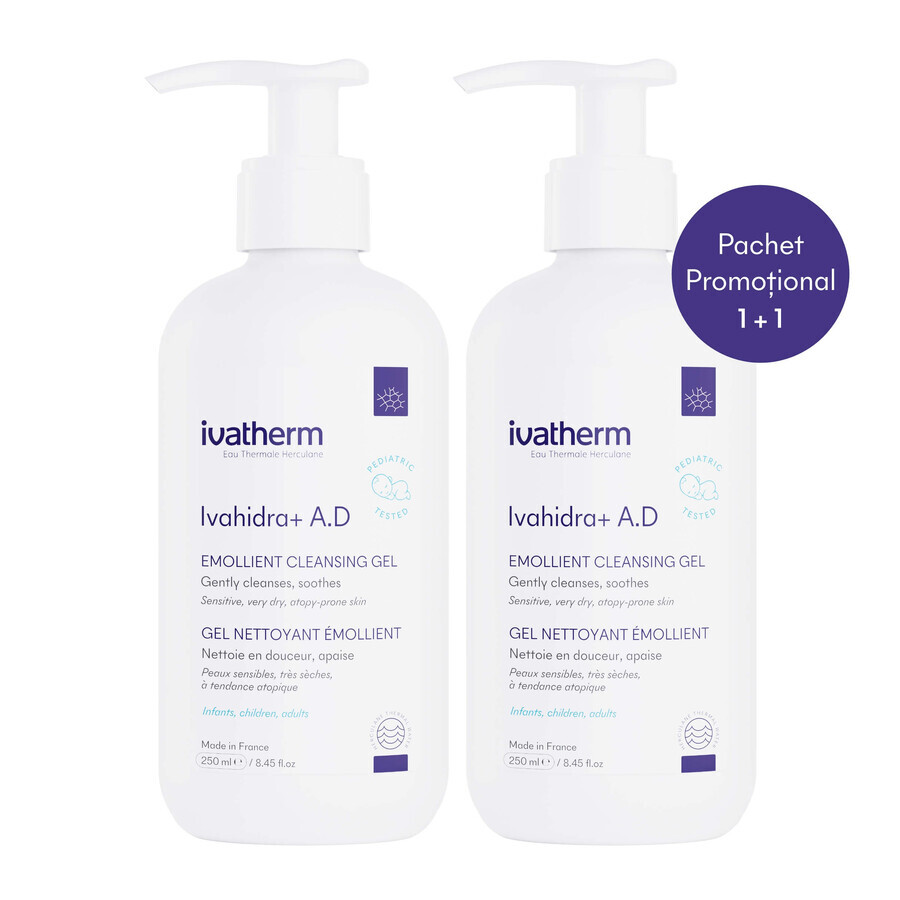 Package Washing Gel emollient Ivahidra+ A.D, 2x250 ml, Ivatherm