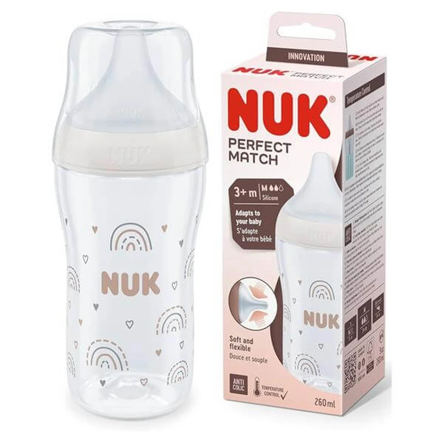 Glass feeding bottle Perfect Match, M, + 3 months, Rainbow, 230 ml, Nuk