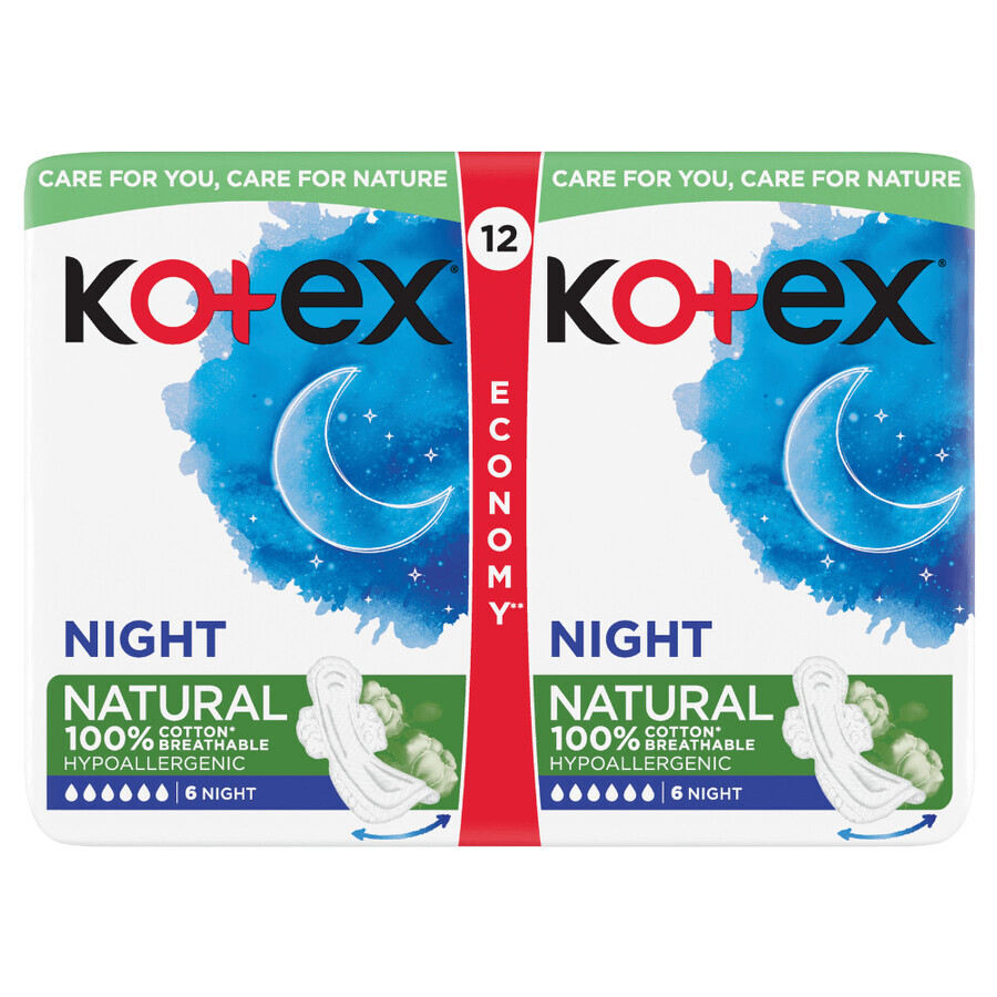 Natural hypoallergenic pads, Night, 12 pieces, Kotex